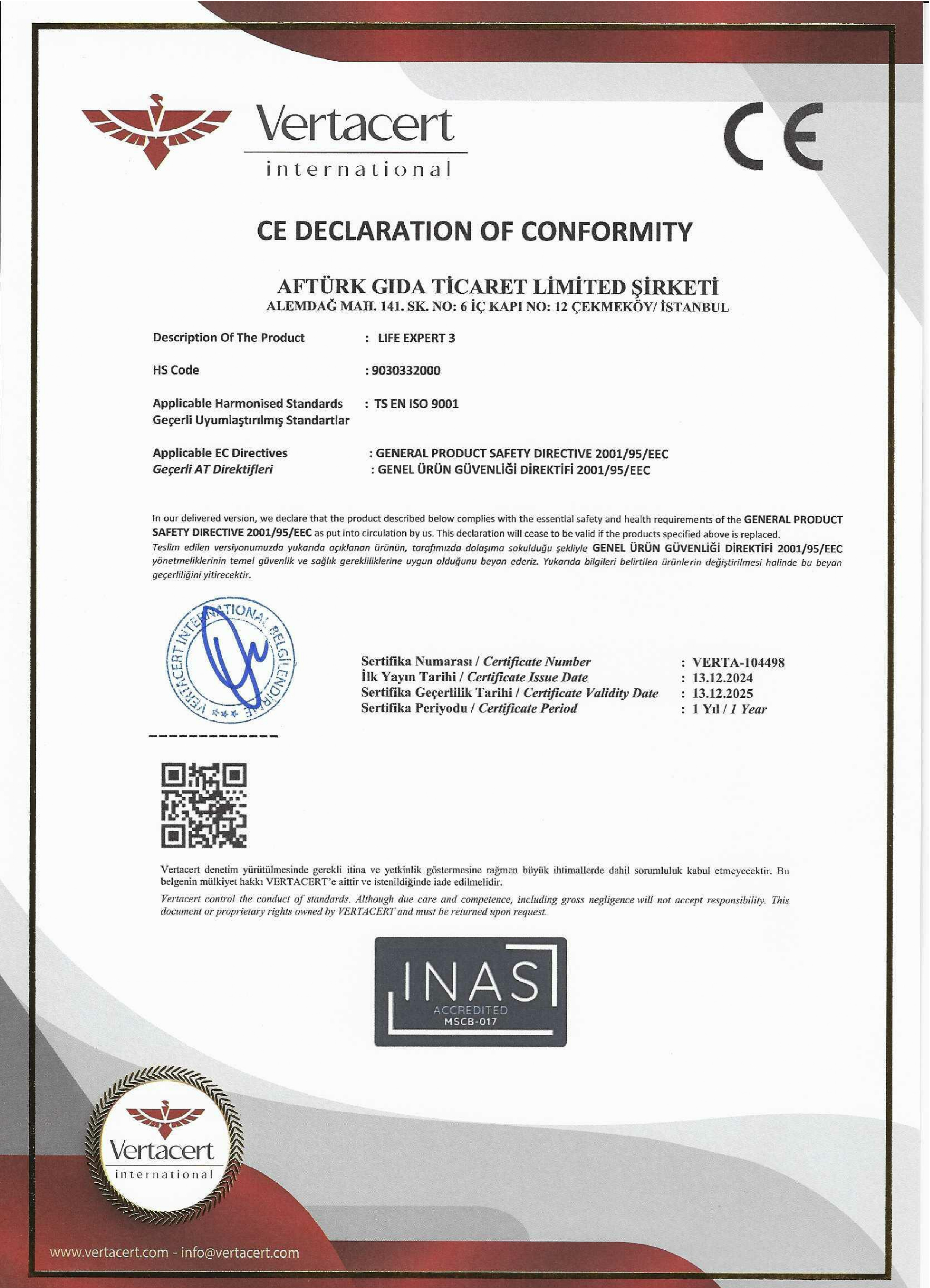 CE Declaration of Conformity для LIFE EXPERT — биорезонансный анализатор витаминов